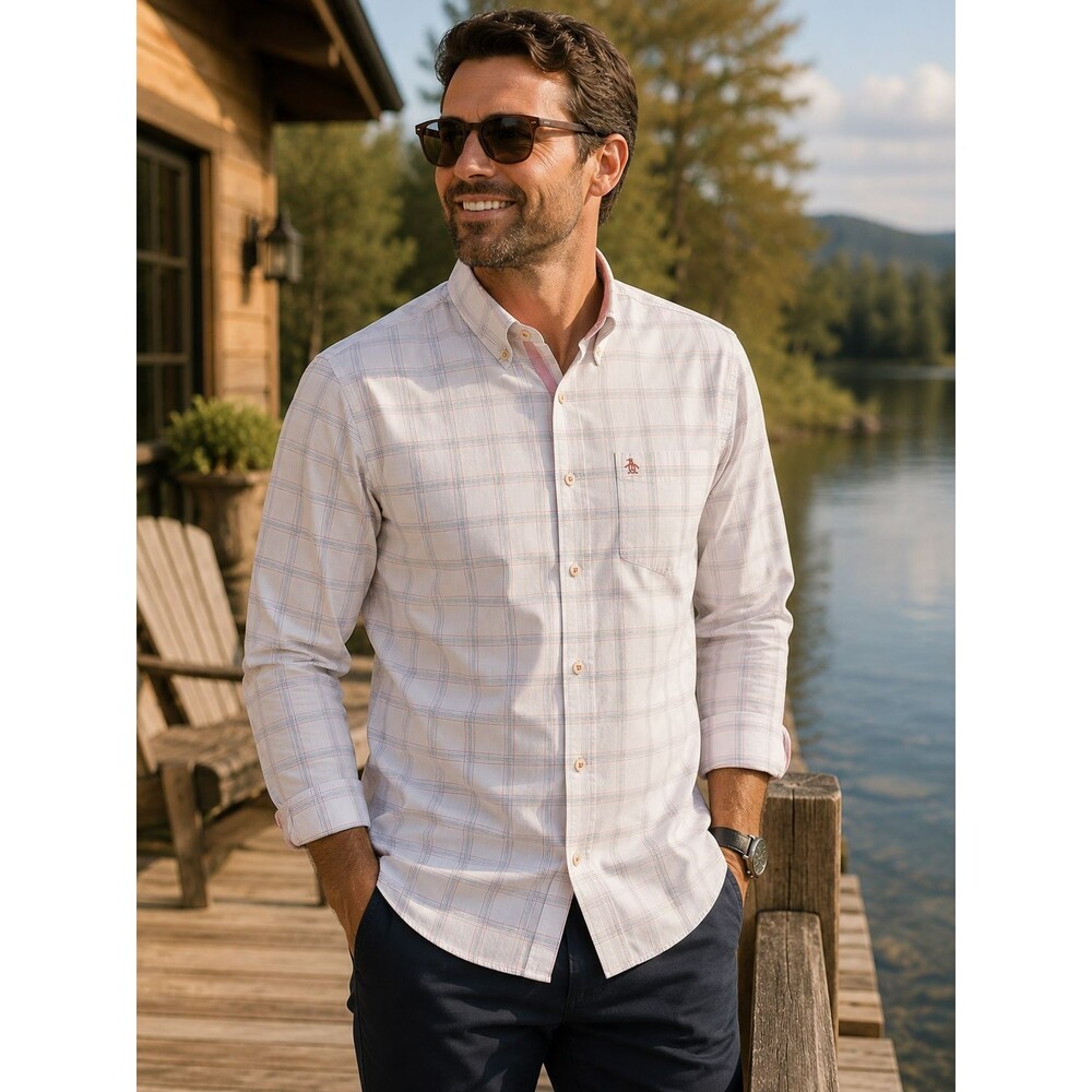 Original Penguin Heritage Slim Fit 17x35 Plaid Button Shirt White Pink Blue